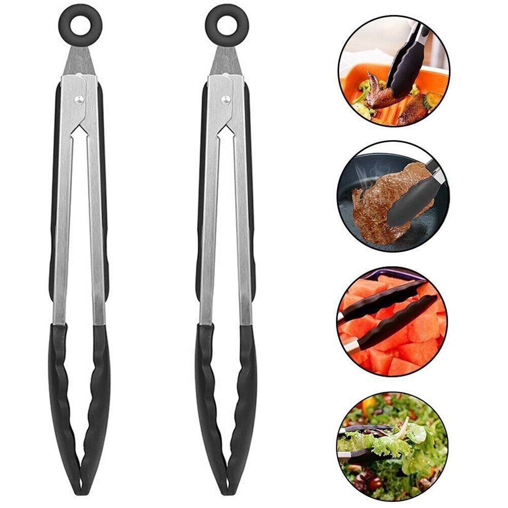 Set of 2Pcs Stainless Steel Cooking Tongs Summer BBQ Barbeque Salad Tongs Kitchen Food Serving BBQ Heavy Duty