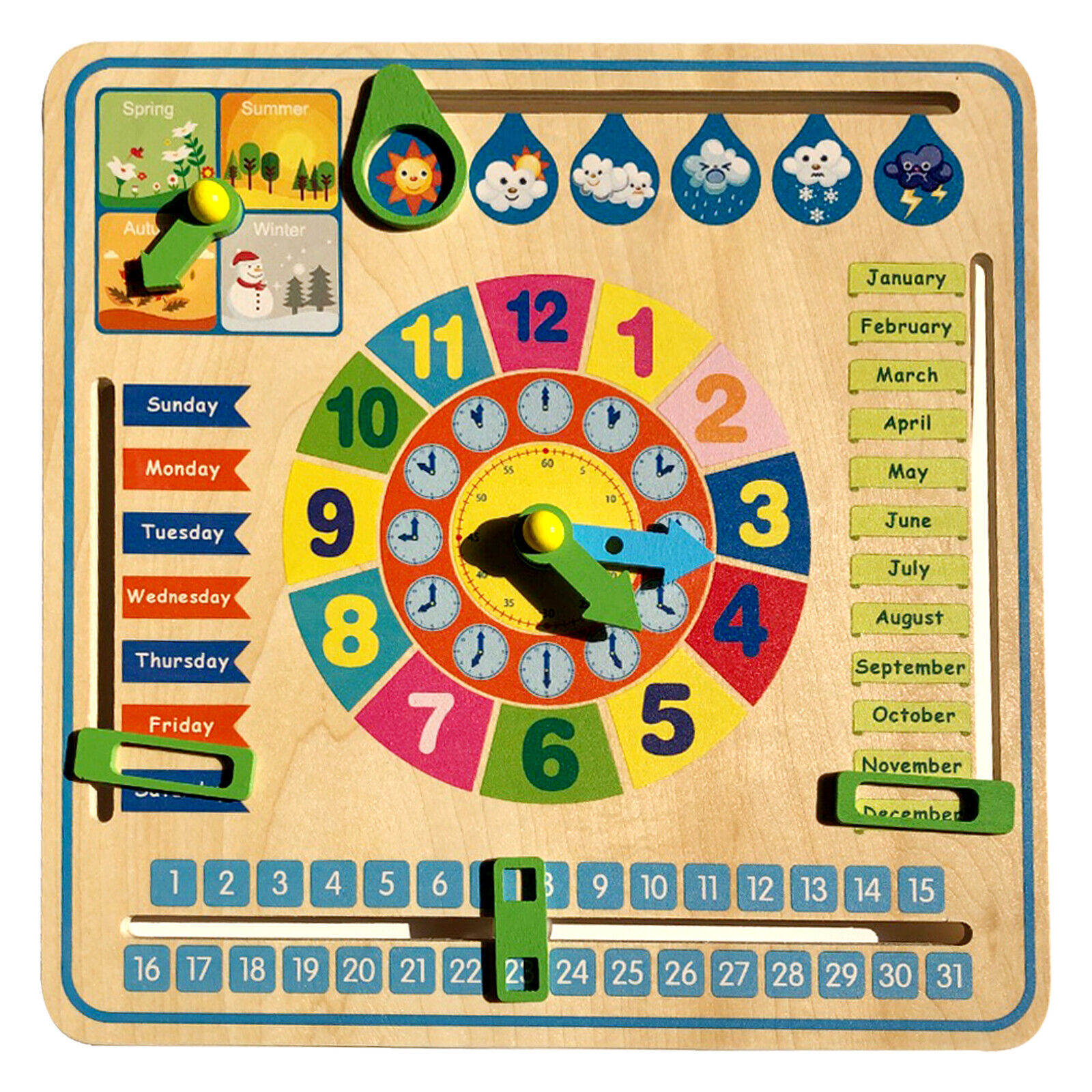 Kids Children Educational Wooden Calendar Board with Season Time Days Months Clock
