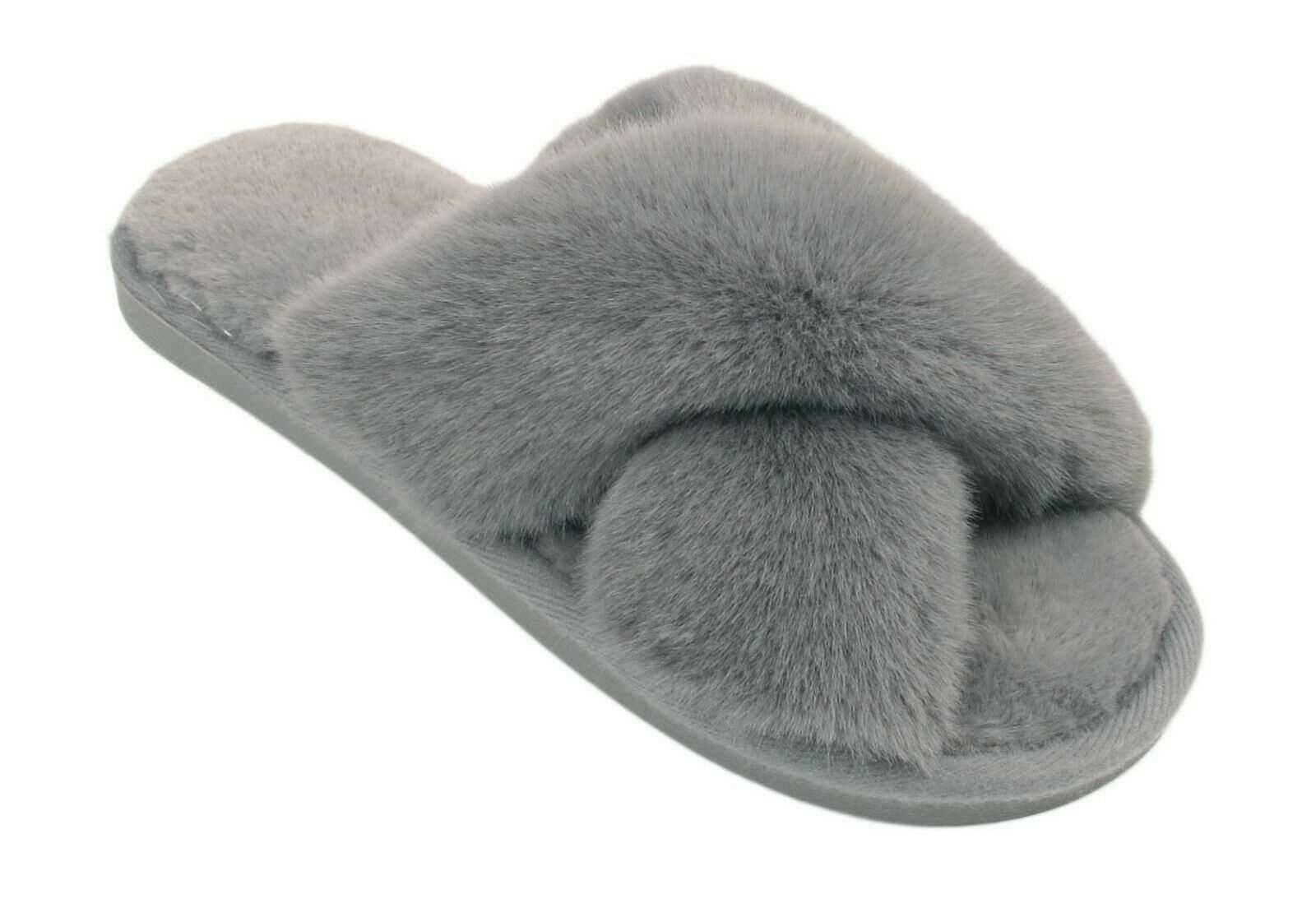 Size 7-8 Grey Ladies Furry Slippers Women Fluffy Sliders Crossover Open Toe Faux Fur Mules