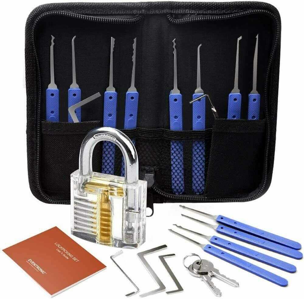17PC Lock Training Kit with 1 Transparent Practice Padlock Key Extractor