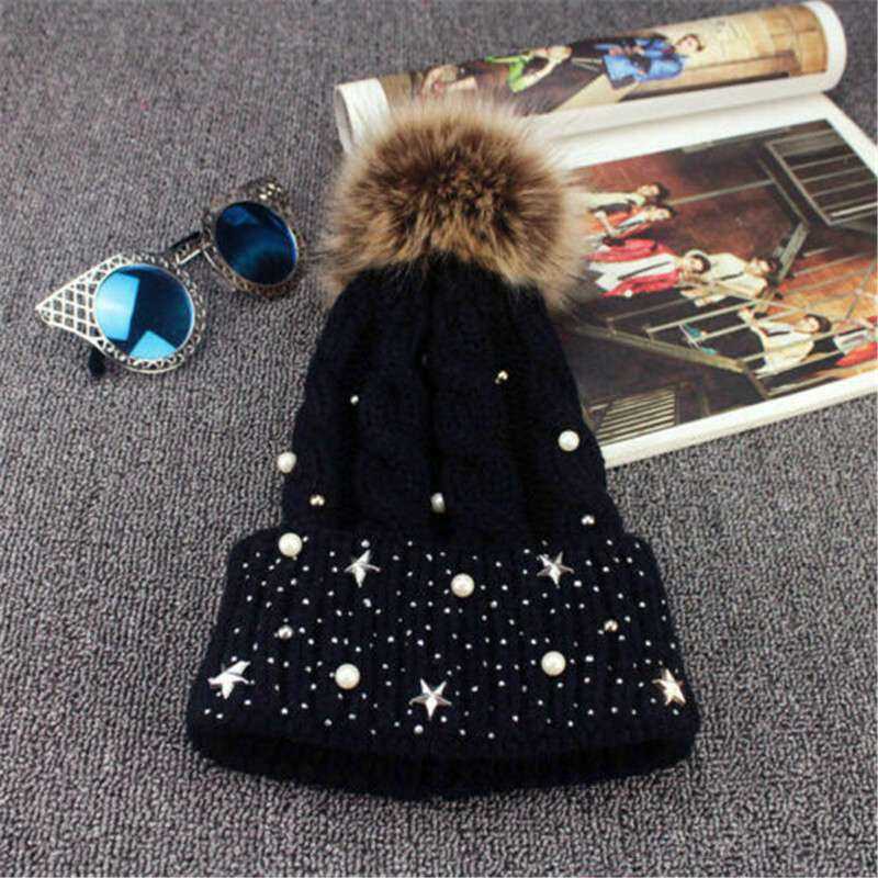 Black Ladies Winter Cap Pom Pom Beanie Warm Cap Fur Thick Hat Knitted Crochet Ski Hat