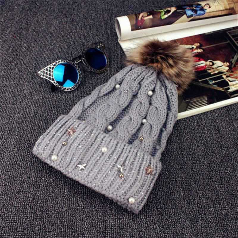 Grey Ladies Winter Cap Pom Pom Beanie Warm Cap Fur Thick Hat Knitted Crochet Ski Hat