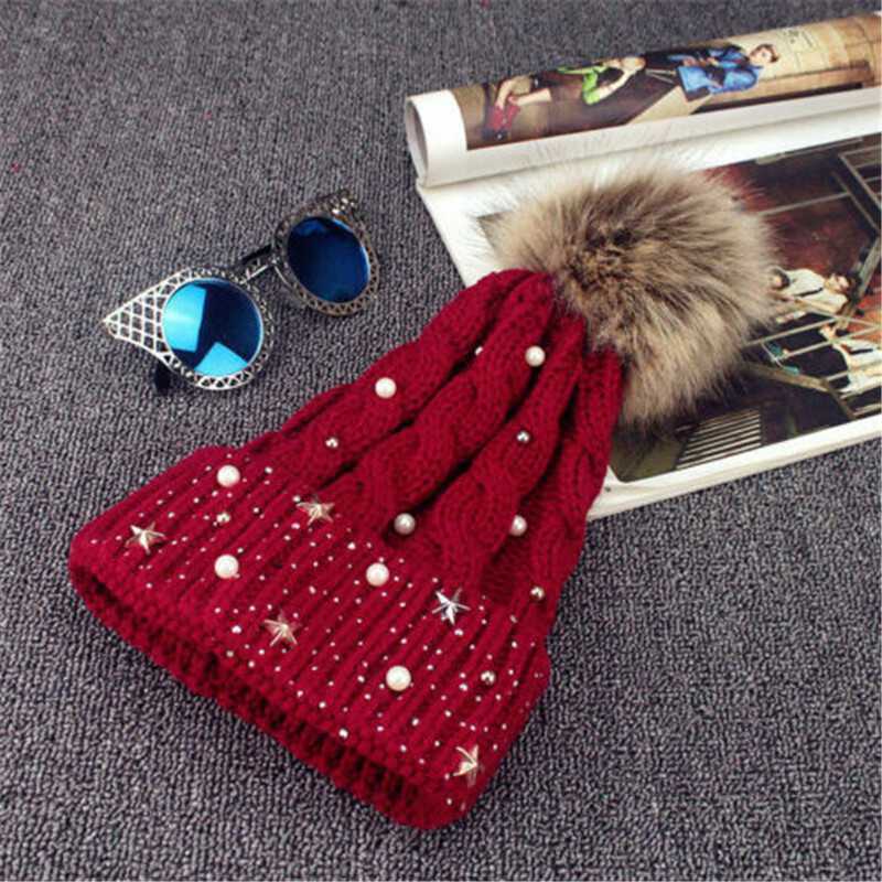 Red Ladies Winter Cap Pom Pom Beanie Warm Cap Fur Thick Hat Knitted Crochet Ski Hat