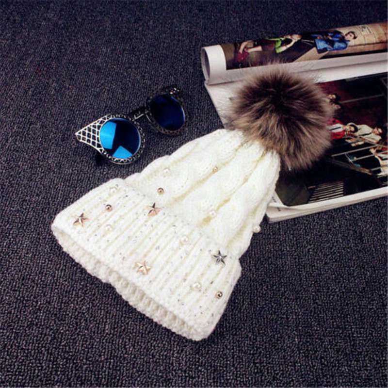 White Ladies Winter Cap Pom Pom Beanie Warm Cap Fur Thick Hat Knitted Crochet Ski Hat