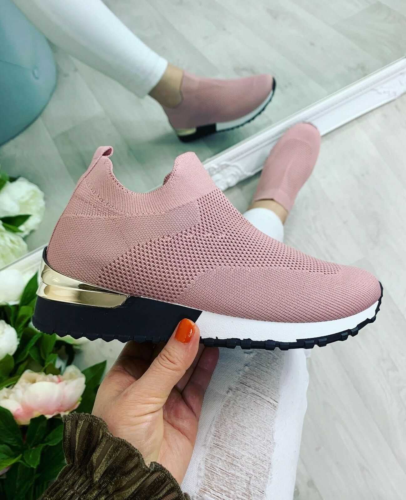 UK Size 6 EUR Size 39 Pink Ladies Womens Slip on Sock Wedge Sneakers Classic Jogging Pumps Shoes Trainers