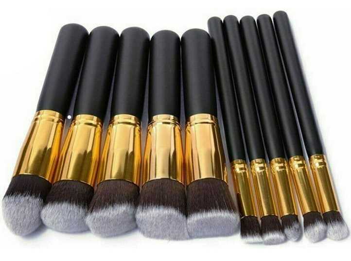 Black Gold Make Up Brush Set 10pc Professional Kabuki Brushes Foundation Blusher Face