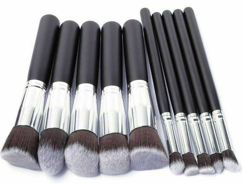 Black Silver Make Up Brush Set 10pc Professional Kabuki Brushes Foundation Blusher Face