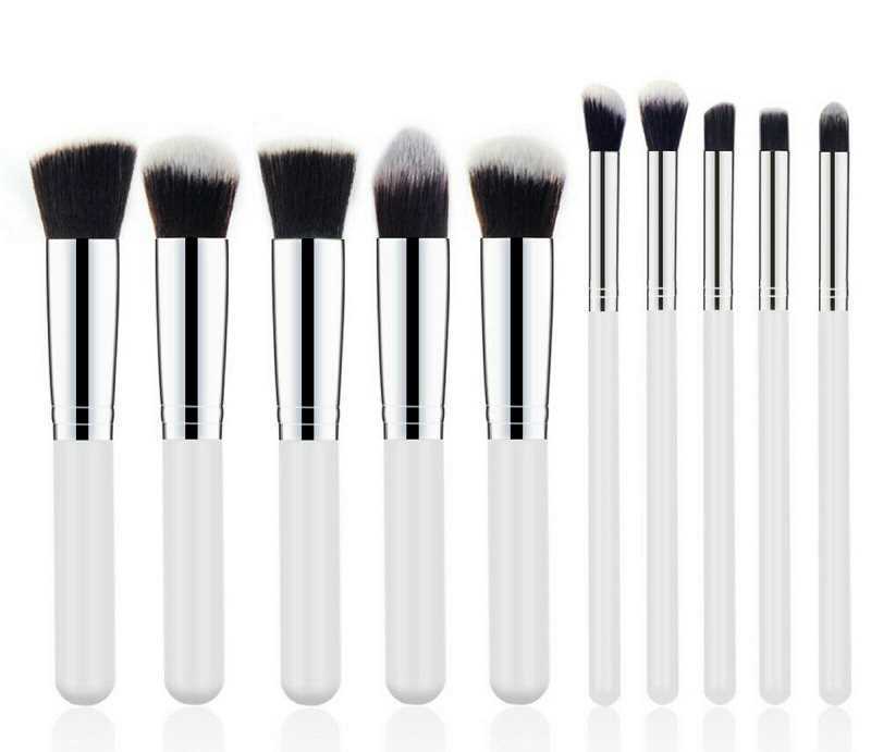 White Silver Make Up Brush Set 10pc Professional Kabuki Brushes Foundation Blusher Face