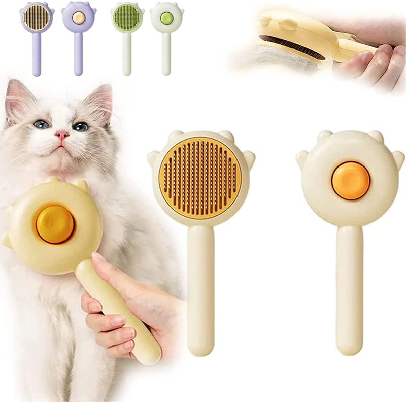 Green Pet Dog Cat Brush Grooming Self-Cleaning Slicker Brush Massage Hair Comb Cleaner Pet Combing Brush with Hair Removal Button