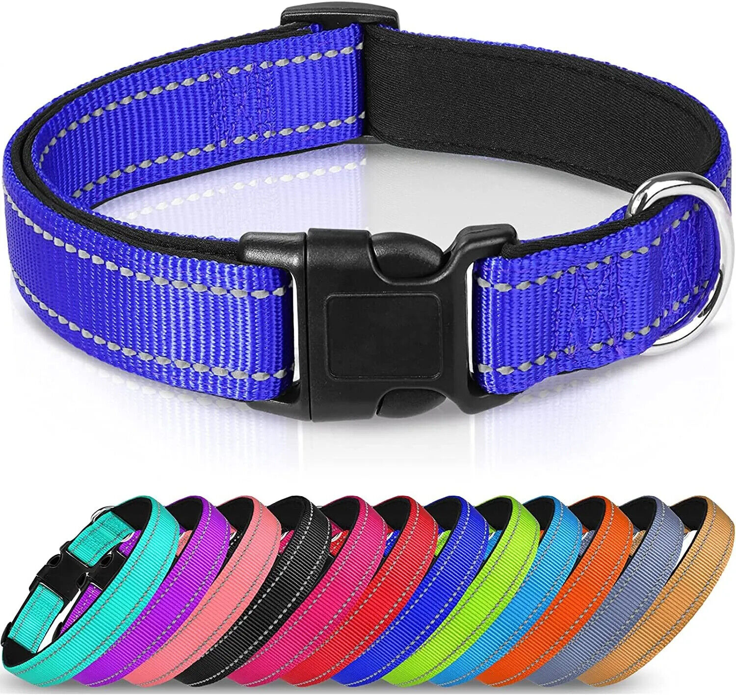 Small Blue Reflective Neoprene Adjustable Padded Nylon Dog Collar