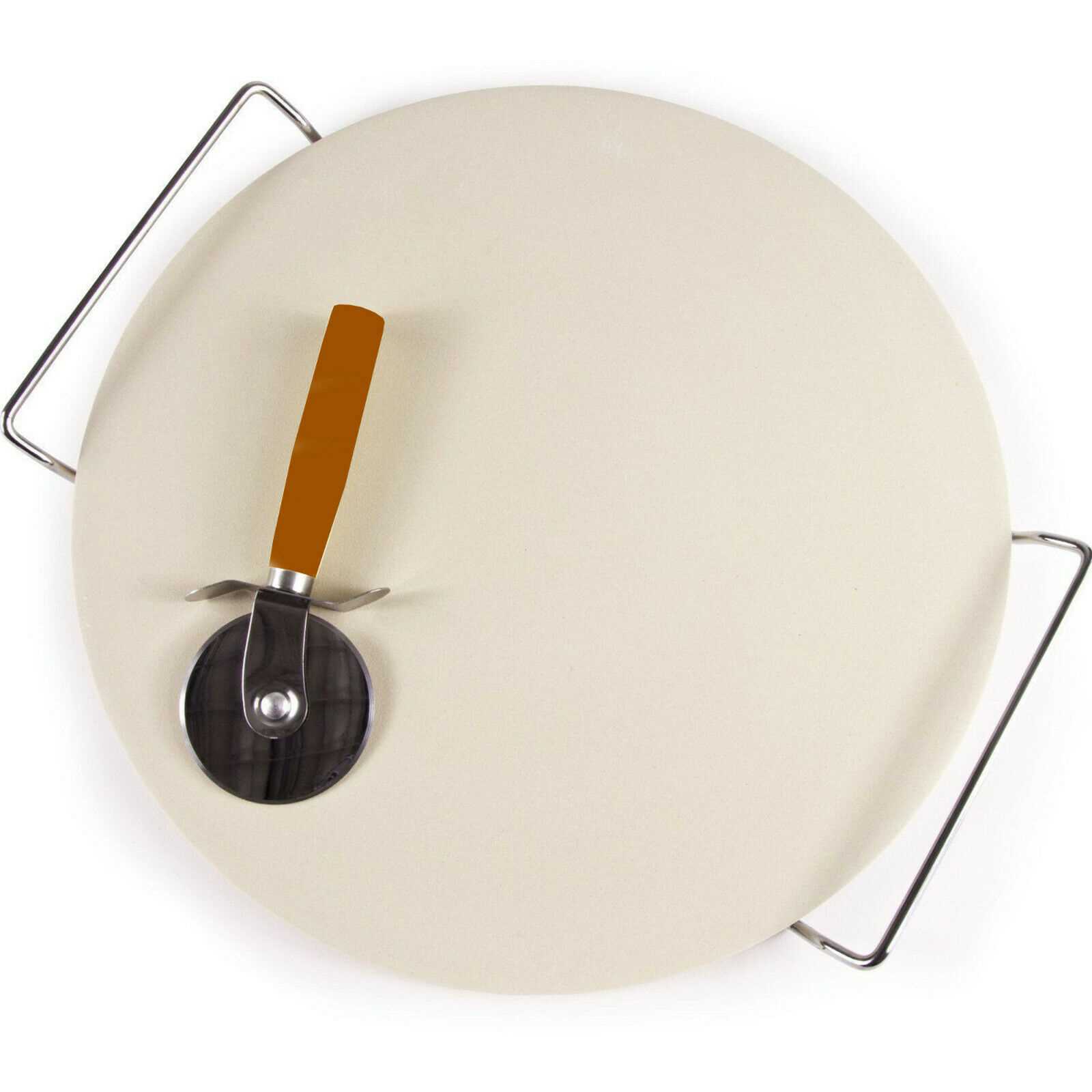 Extra Large Ceramic Pizza Baking Stone Set Chrome Stand 33cm + Free Pizza Cutter