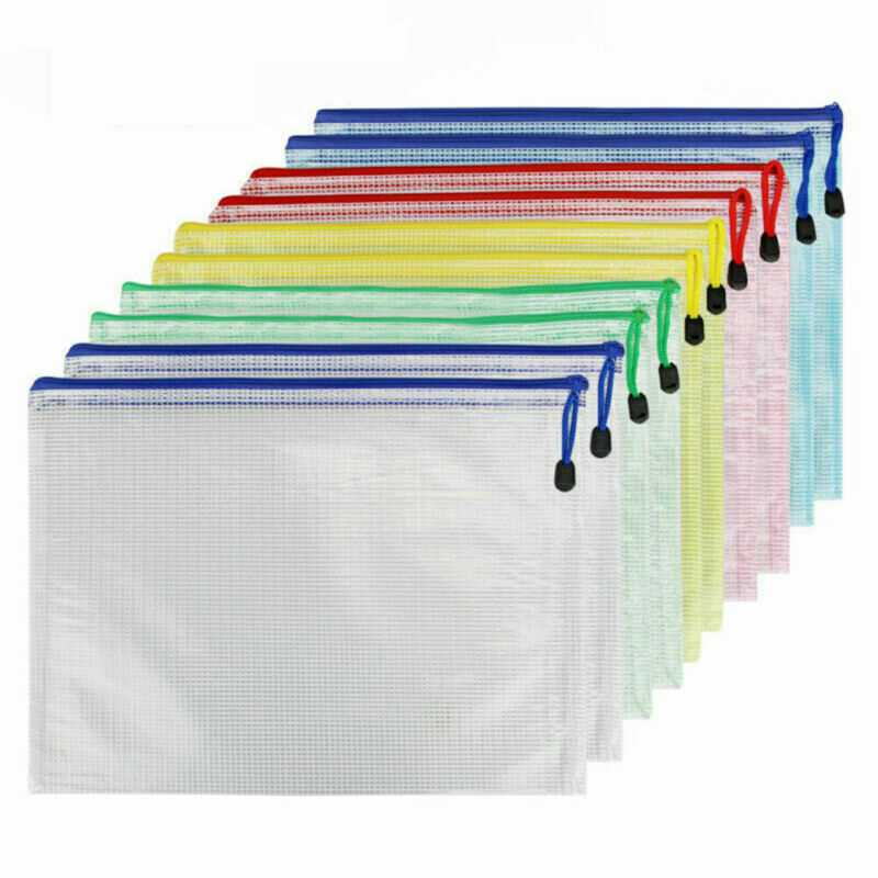 10X A5 Plastic Wallet Pocket Storage File Bags Paper Document Zip Mesh Folder Multi Colours