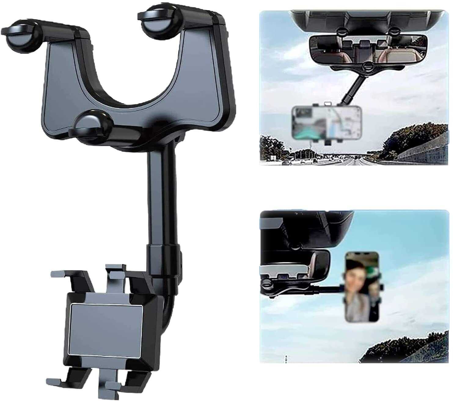 Black 360° Rotatable And Retractable Car Phone Holder Rear View Mirror