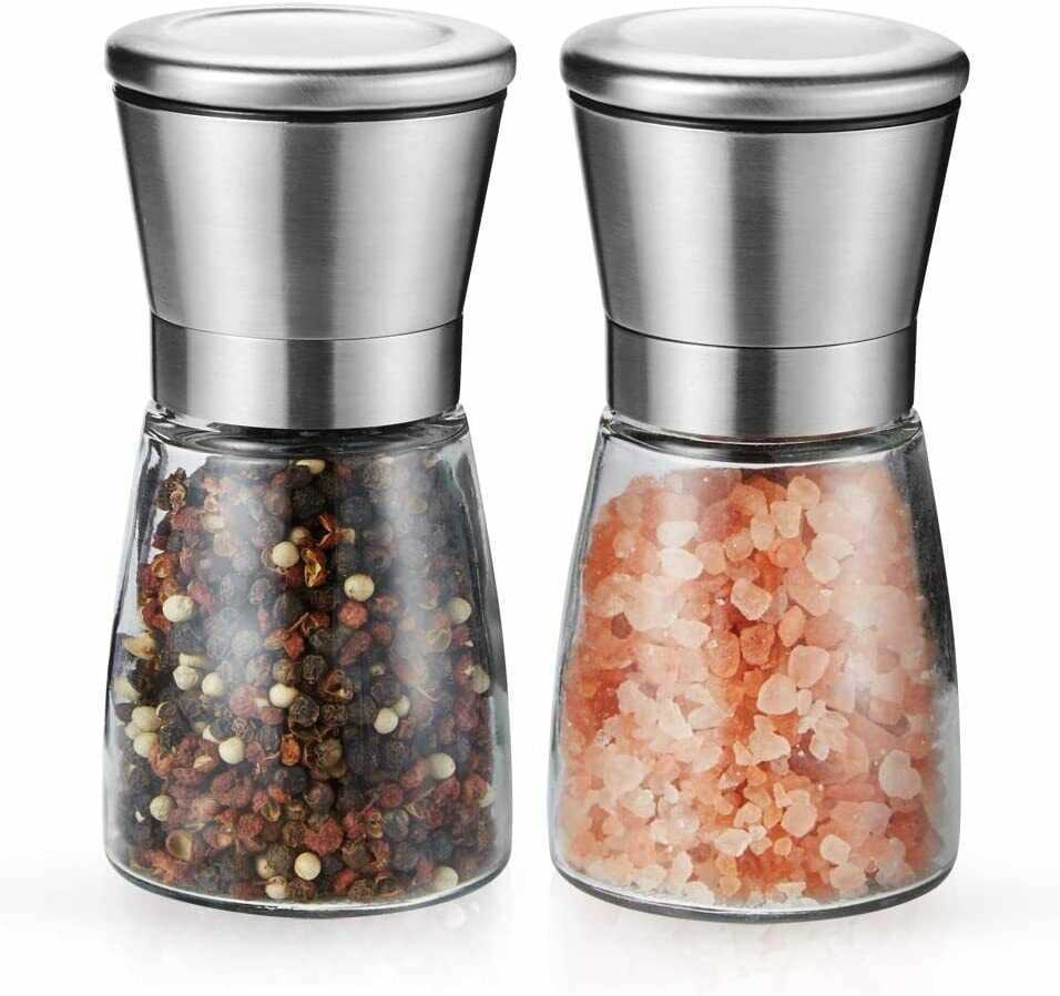 Set of Salt and Pepper Grinder Set Stainless Steel Glass Shaker Adjustable Mill Coarse