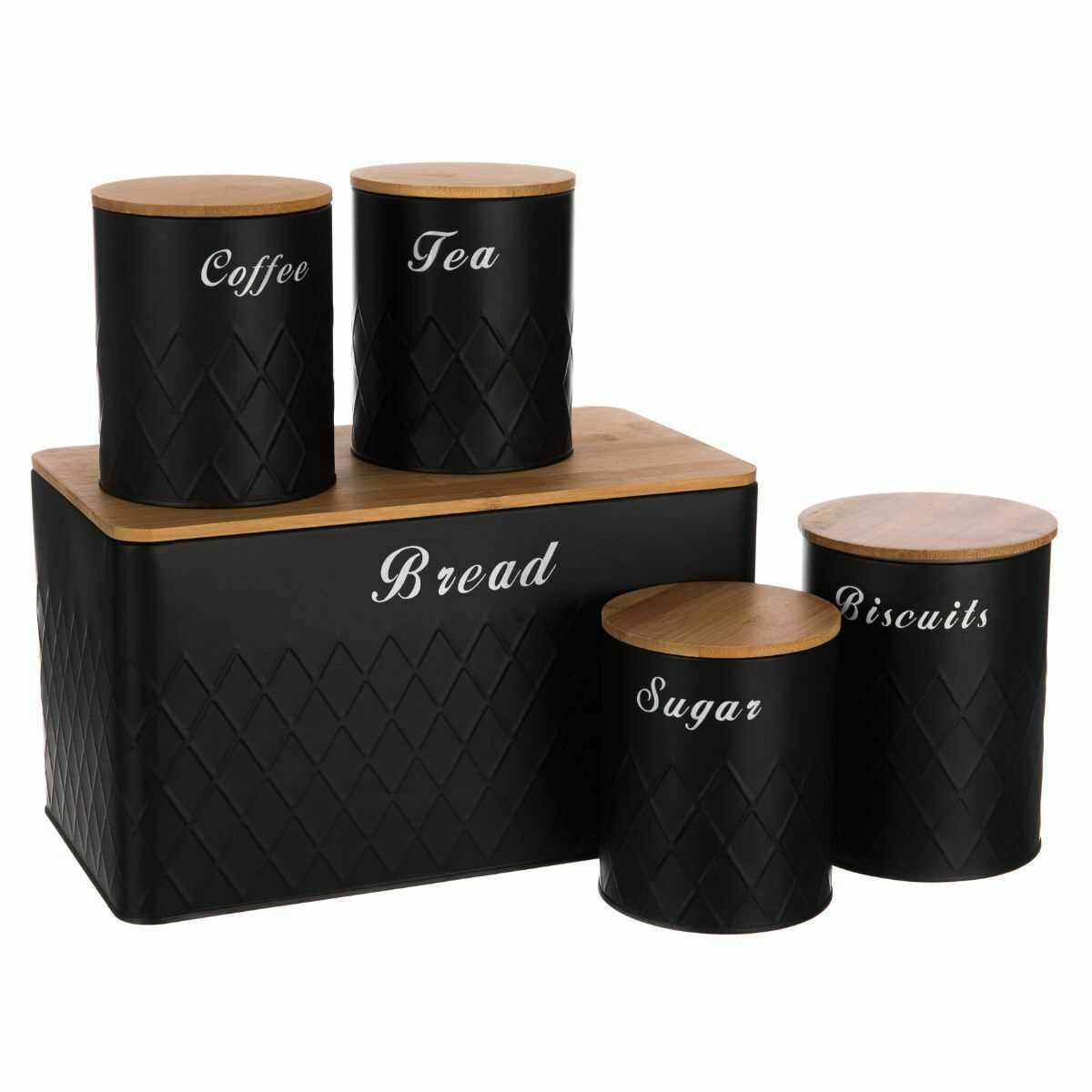 5Pcs Kitchen Storage Tins Canister Set Bamboo Lid Tea Coffee Sugar Bread Bin Jar BLACK