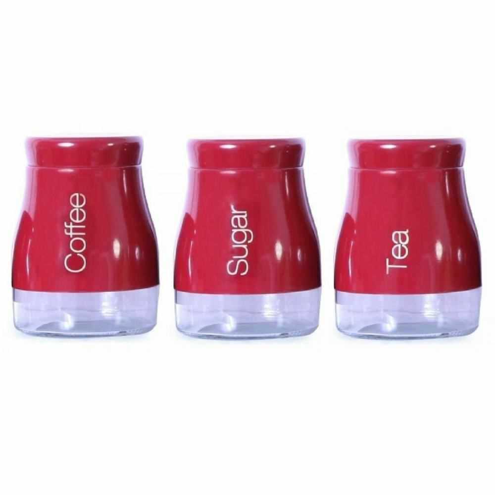 Set Of 3 Maroon Storage Canisters Tea Coffee Sugar Jars Pots Food Containers