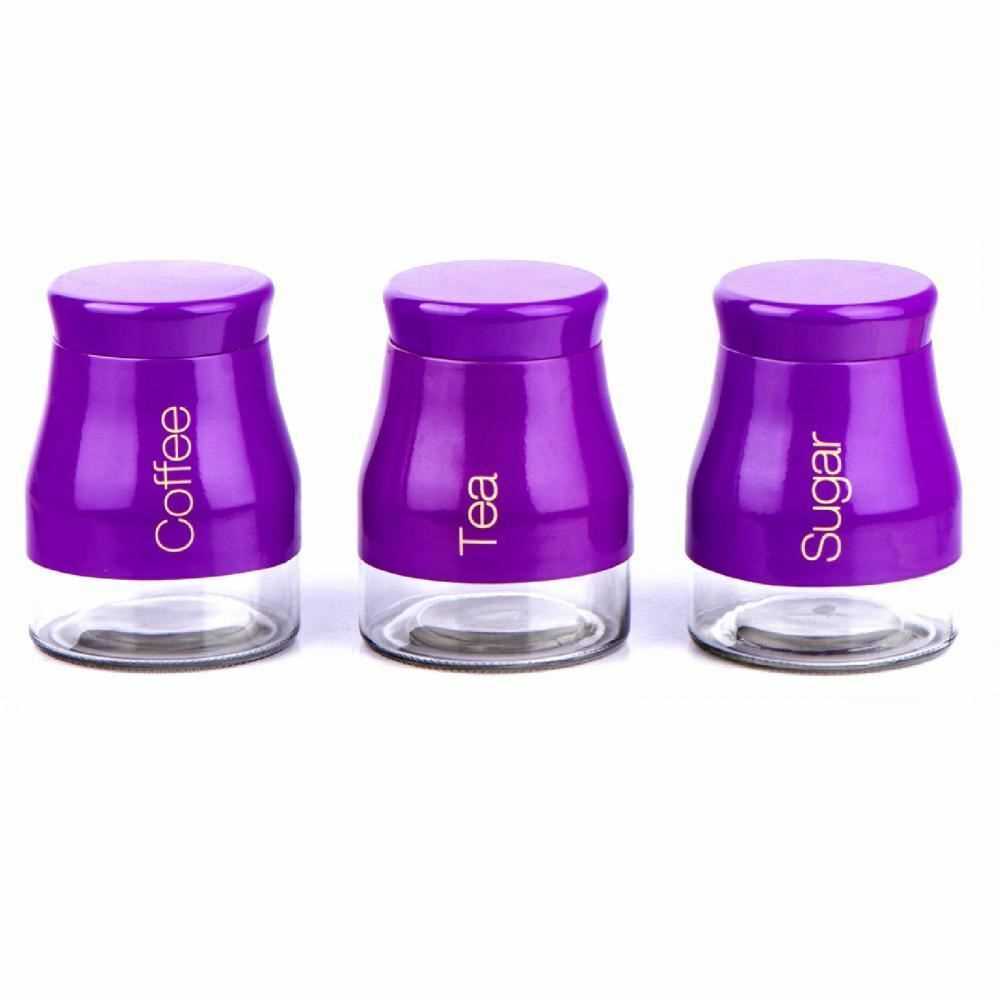 Set Of 3 Purple Storage Canisters Tea Coffee Sugar Jars Pots Food Containers