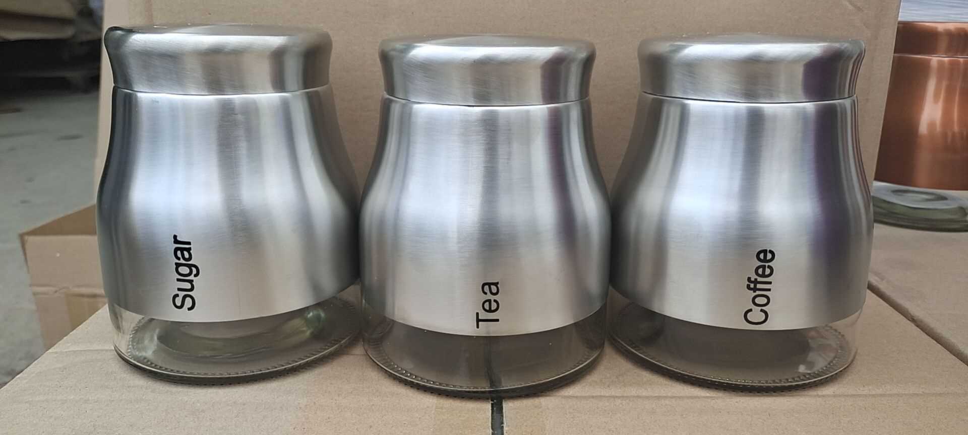 Set Of 3 Silver Storage Canisters Tea Coffee Sugar Jars Pots Food Containers
