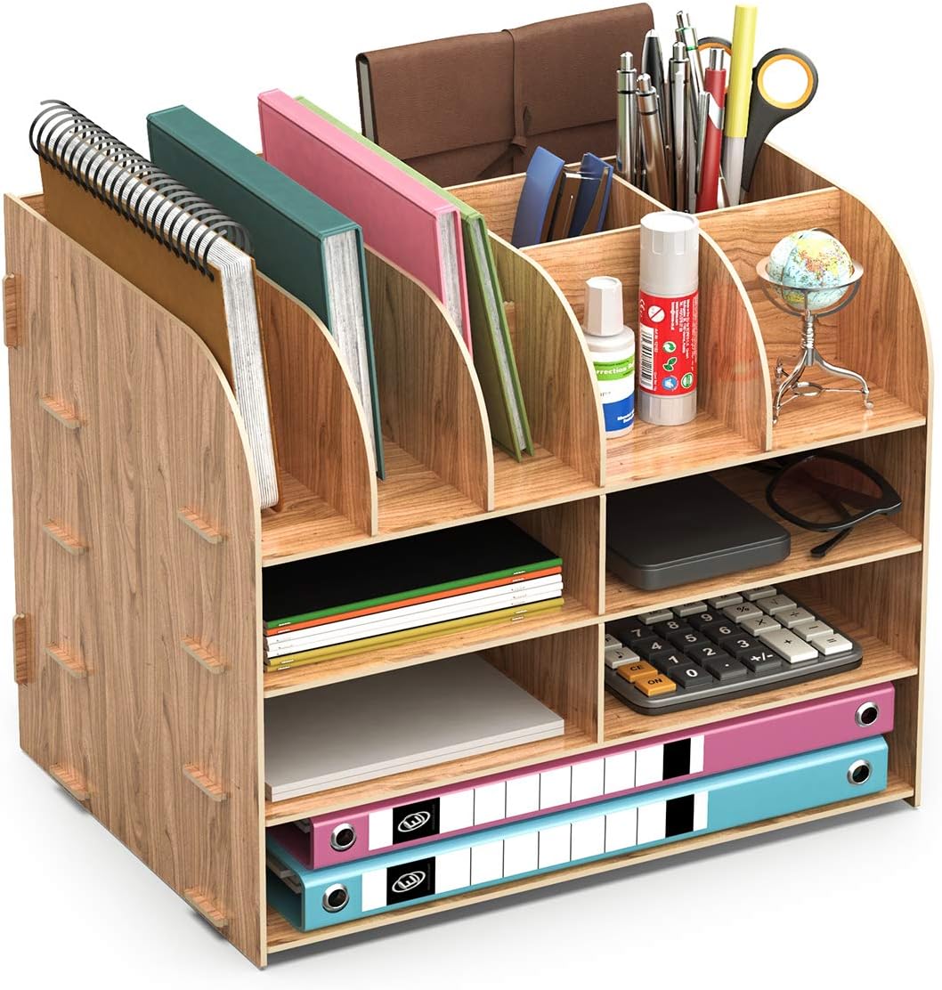 Brown Wood Desk Tidy Organiser Office Stationary Storage Tabletop Space Saving