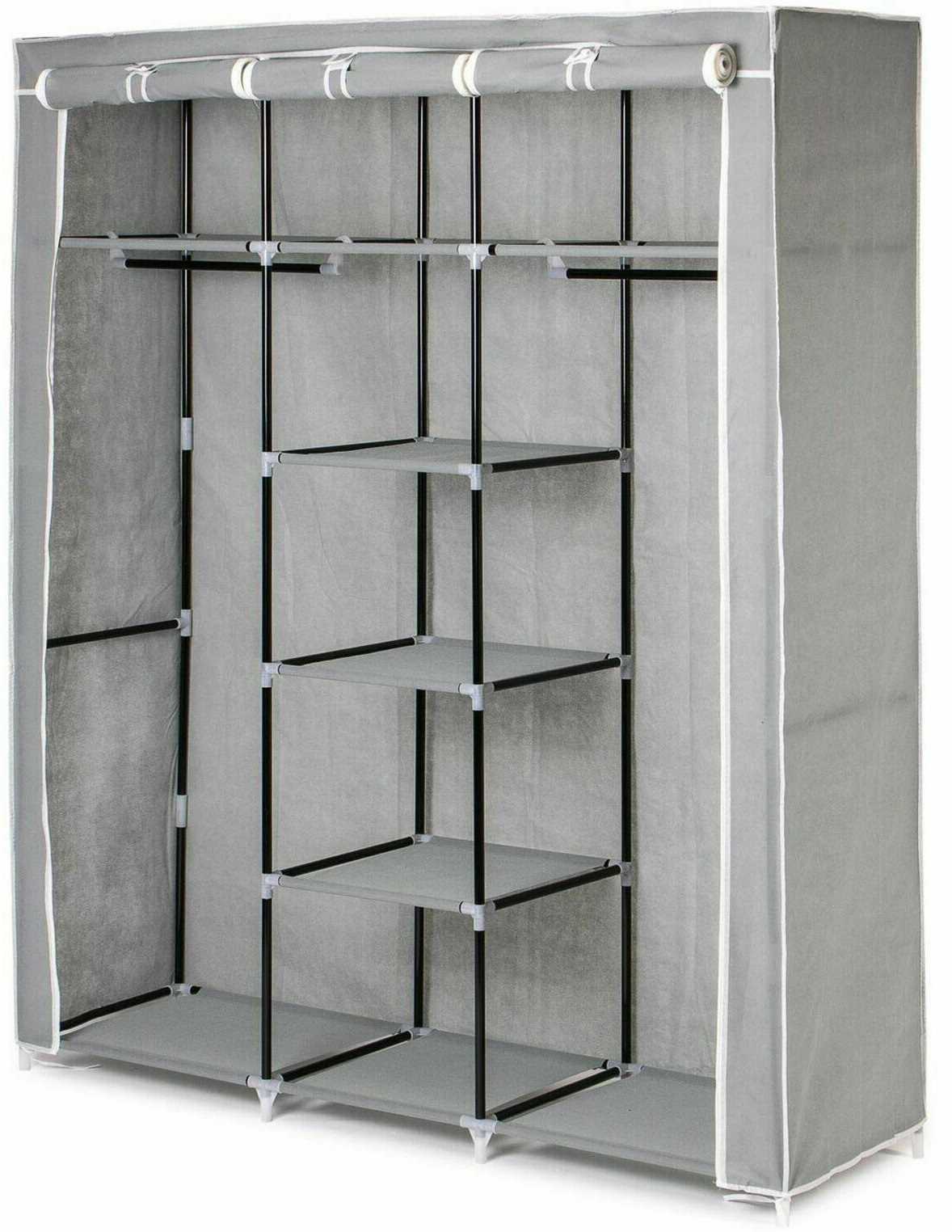 Grey Large Canvas Wardrobe Foldable Clothes Cupboard Storage Organiser Shelving Rail