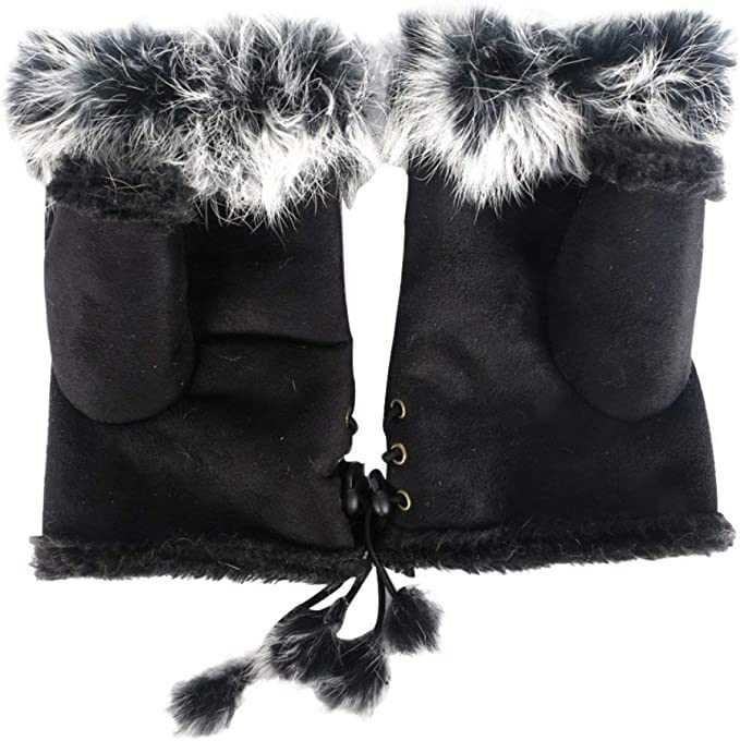 Black Women Winter Faux Fur Half Finger Gloves Girls Warm Fingerless Mittens