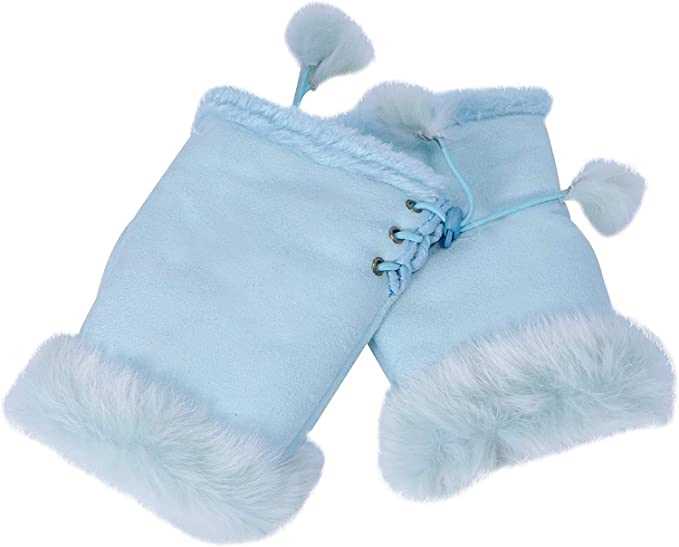 Blue Women Winter Faux Fur Half Finger Gloves Girls Warm Fingerless Mittens