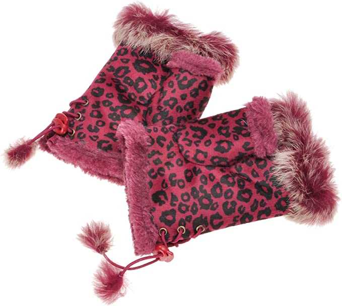 Leopard Red Women Winter Faux Fur Half Finger Gloves Girls Warm Fingerless Mittens