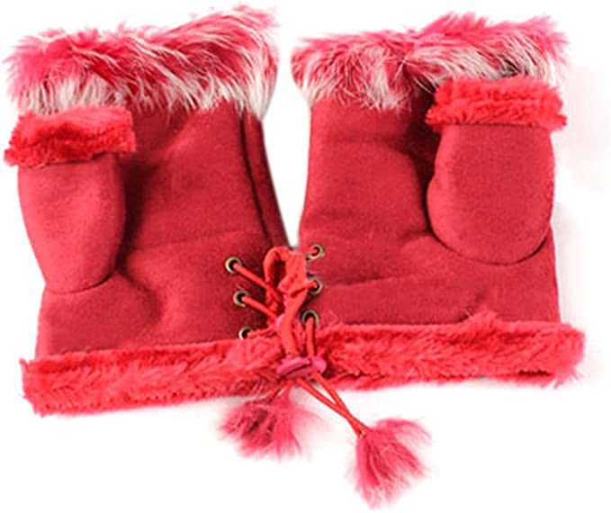 Red Women Winter Faux Fur Half Finger Gloves Girls Warm Fingerless Mittens