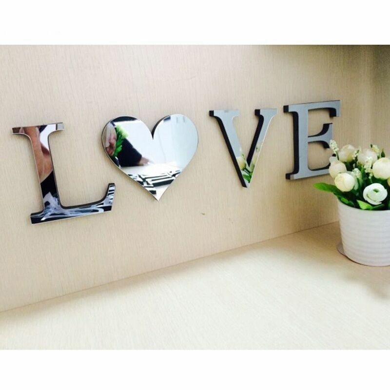 4 Letters Love Home Furniture Mirror Tiles Wall Sticker Self-Adhesive Art Décor