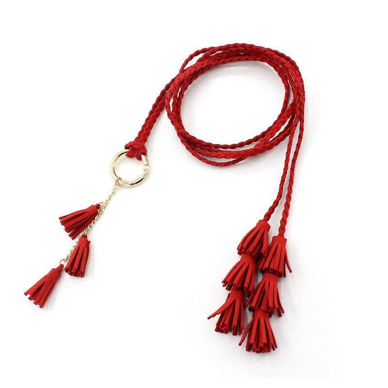Red Tassel Belt Women Thin Waist Rope Fashion Belt Ladies Braided Self Tie Belts