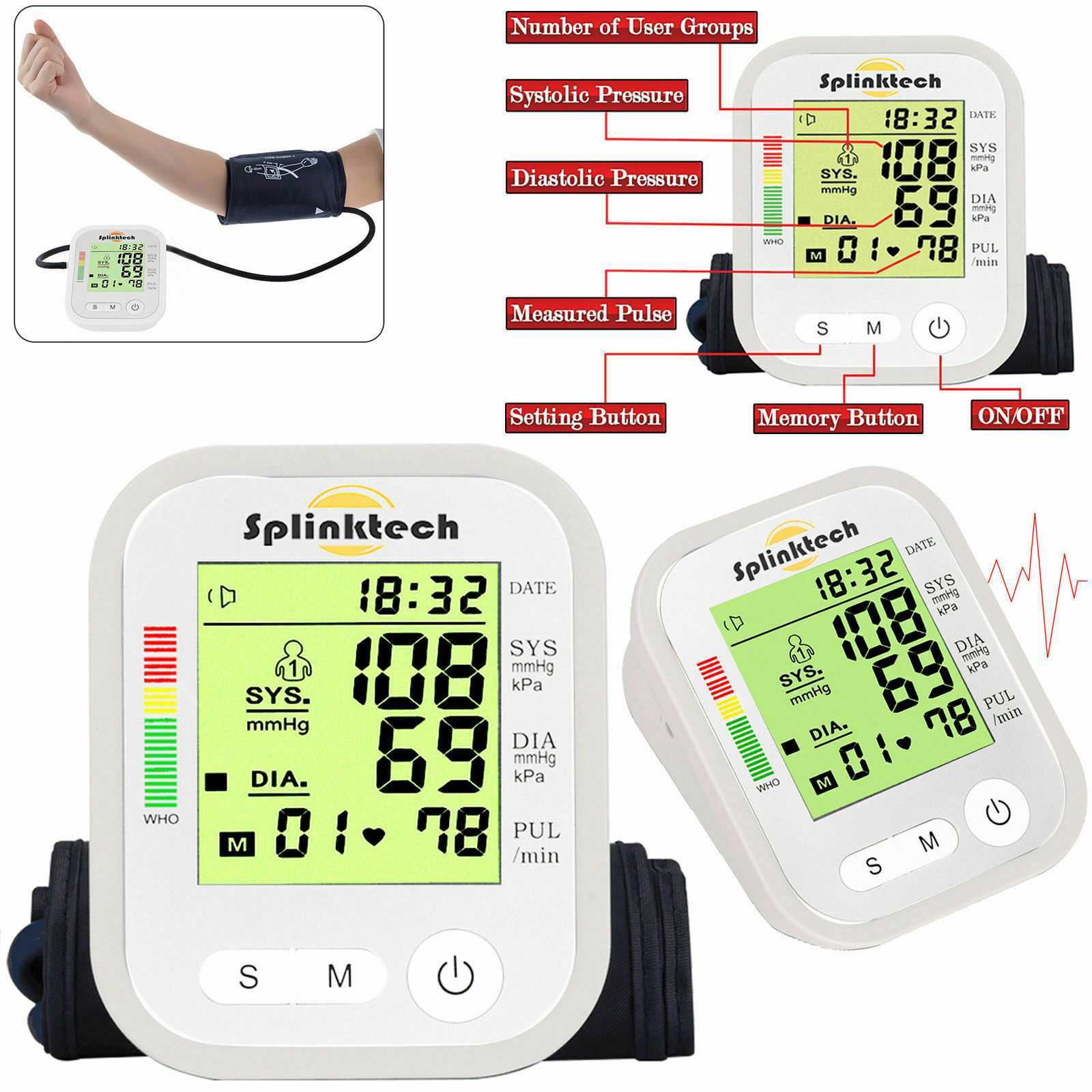 White Portable Digital Upper Arm Blood Pressure Meter BP Monitor Automatic Cuff 180