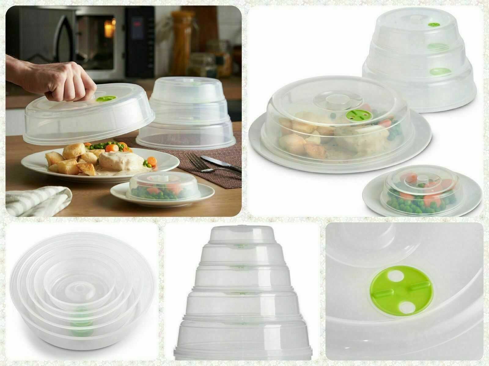 Clear Set of 5 Ventilated Microwave Food Plates Covers Lids Dishwasher Safe Clear