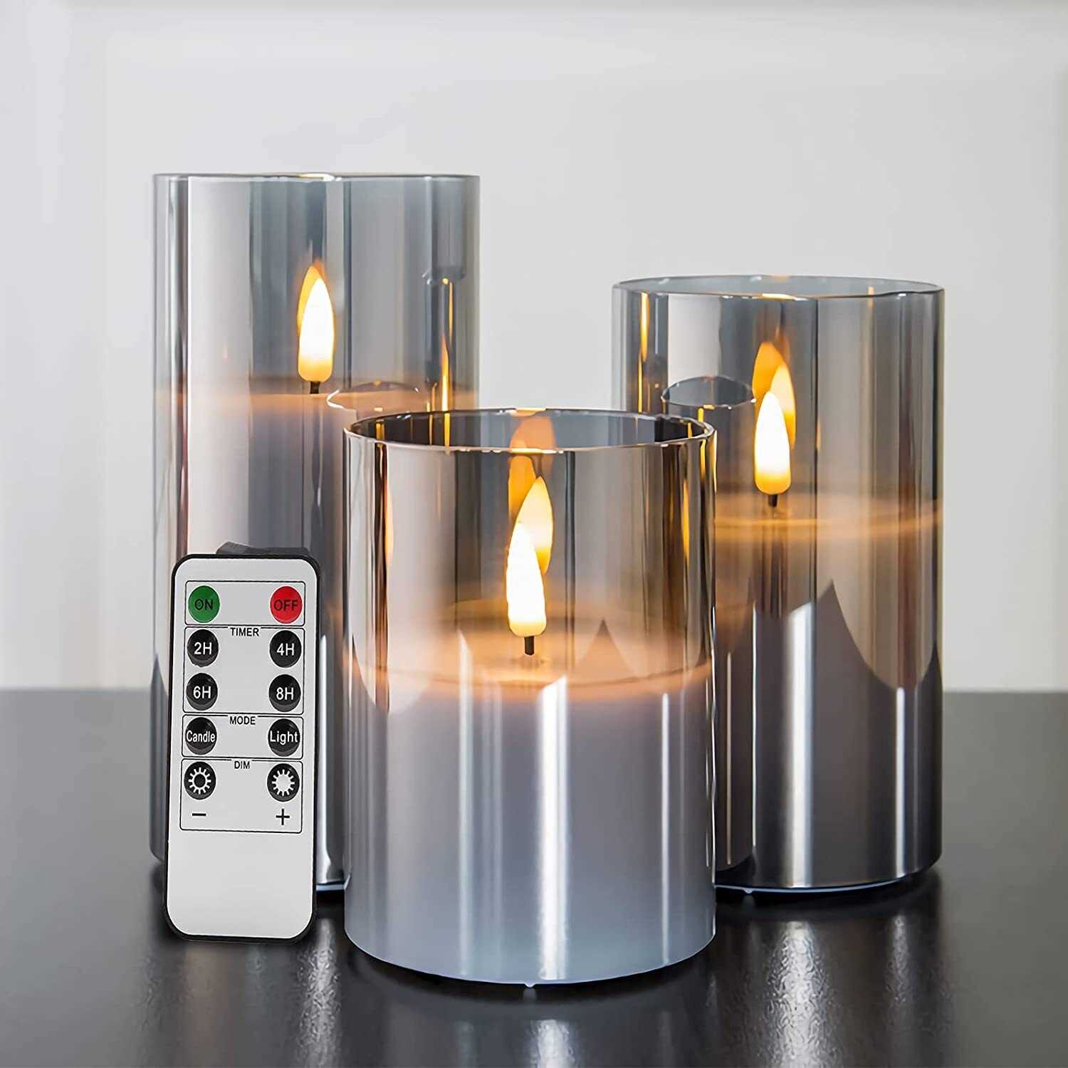 3 LED Remote Control Flameless Flickering Glass Wax Candles Grey