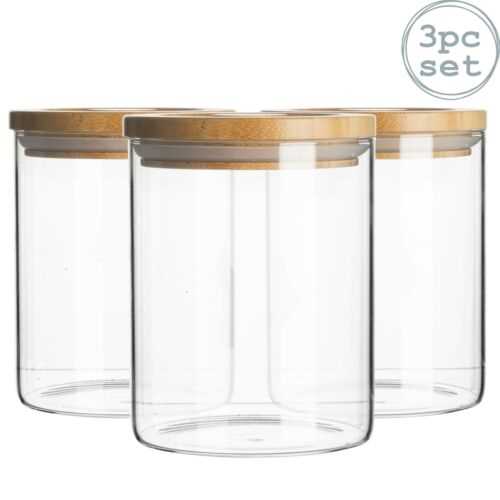 3Pc Glass Jar With Wooden Lid Storage Container Airtight 900Ml