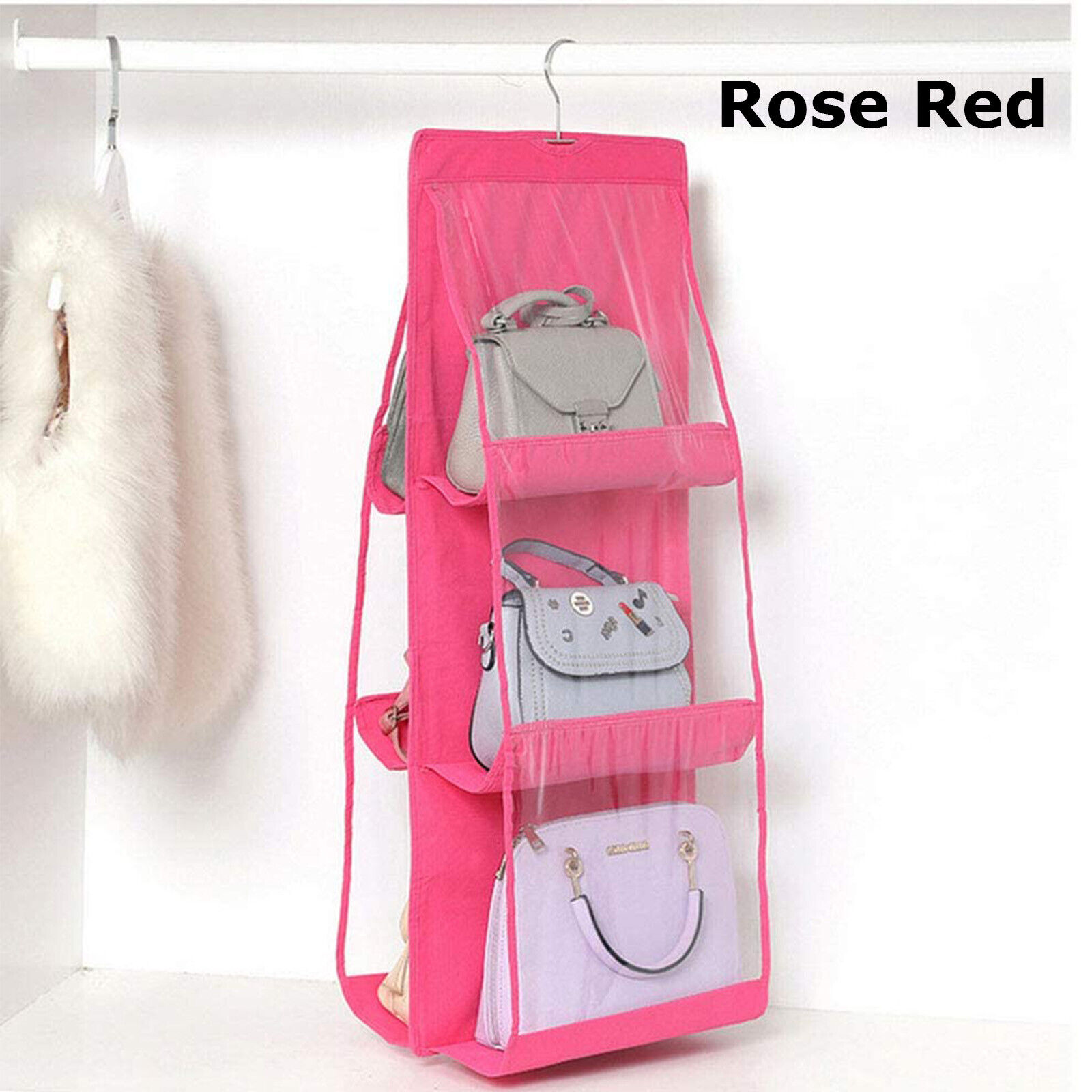 6 Pockets Rose Red Hanging Organiser Bag Handbag Organiser Shelf Bag Storage Purse Closet Organizers