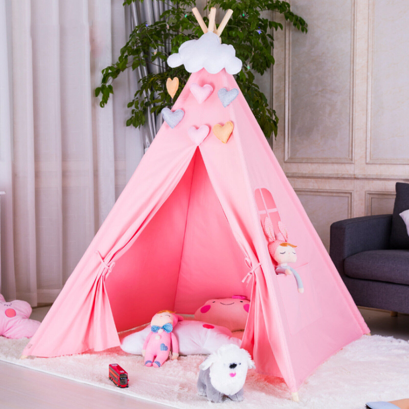 Pink Children Kids Summer Garden Room Teepee Tent Play House Wigwam Cotton Canvas Indoor Outdoor Camping
