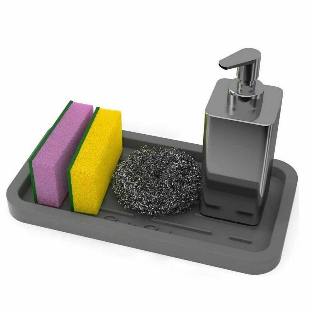 Grey Kitchen Bathroom Sink Tidy Caddy Organiser Silicone Tray Soap Sponge Holder