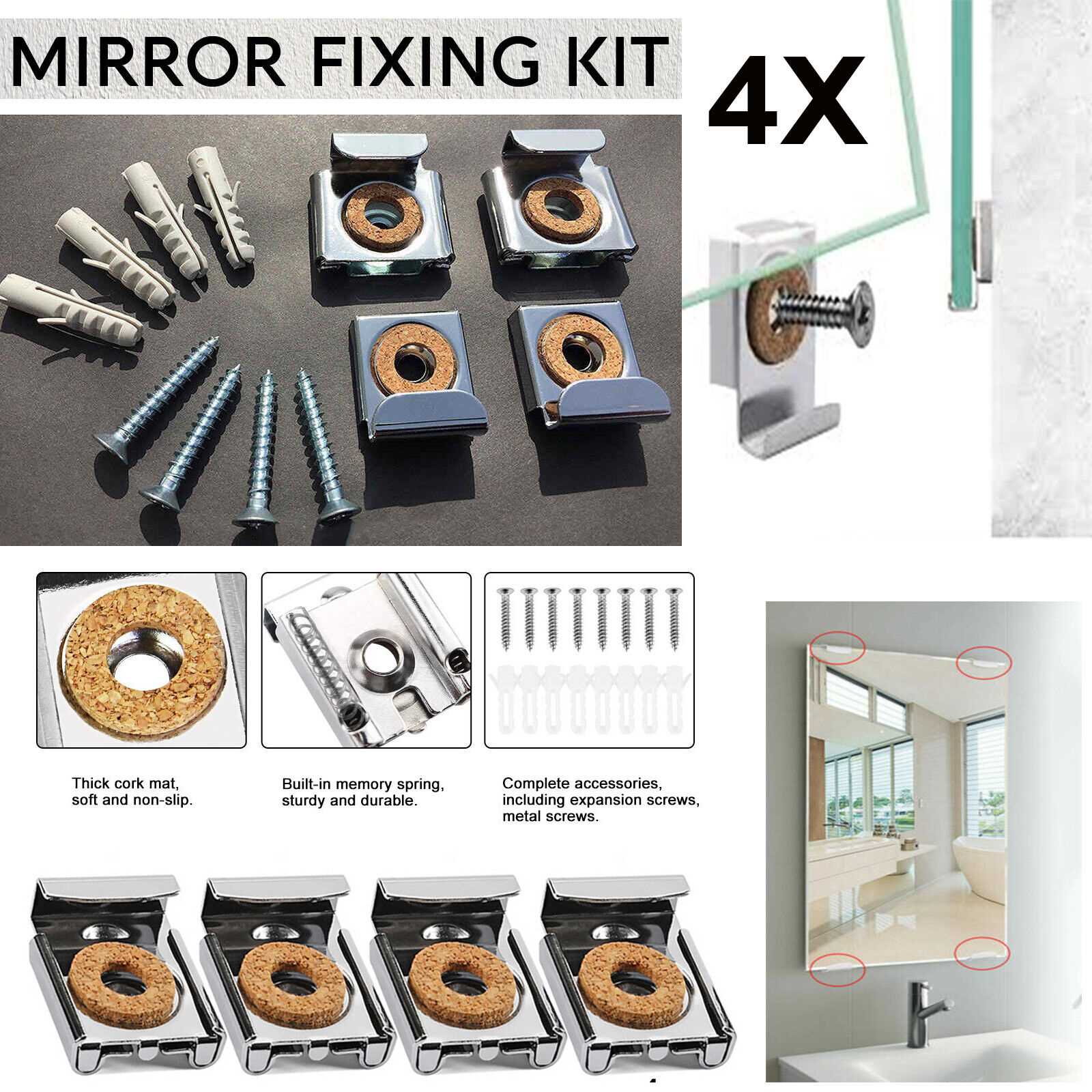 4X FRAMELESS MIRROR WALL BATHROOM HANGING FIXING KIT PICTURE MOUNTING CLIPS
