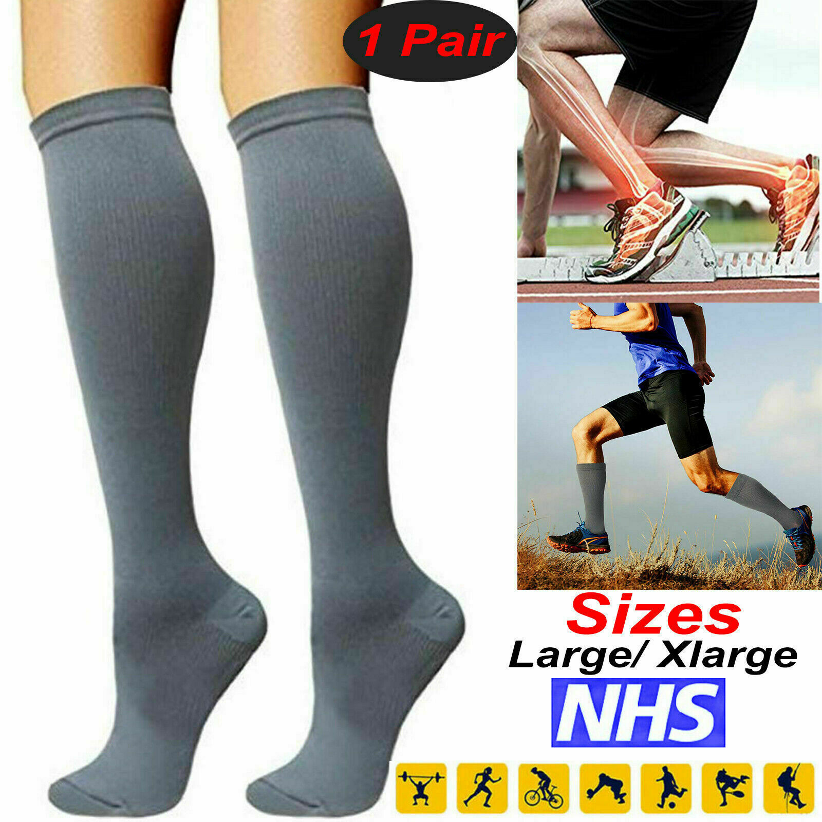 Large - Extra Large Grey Unisex Miracle Flight Travel Compression Socks Anti Swelling Fatigue DVT Support