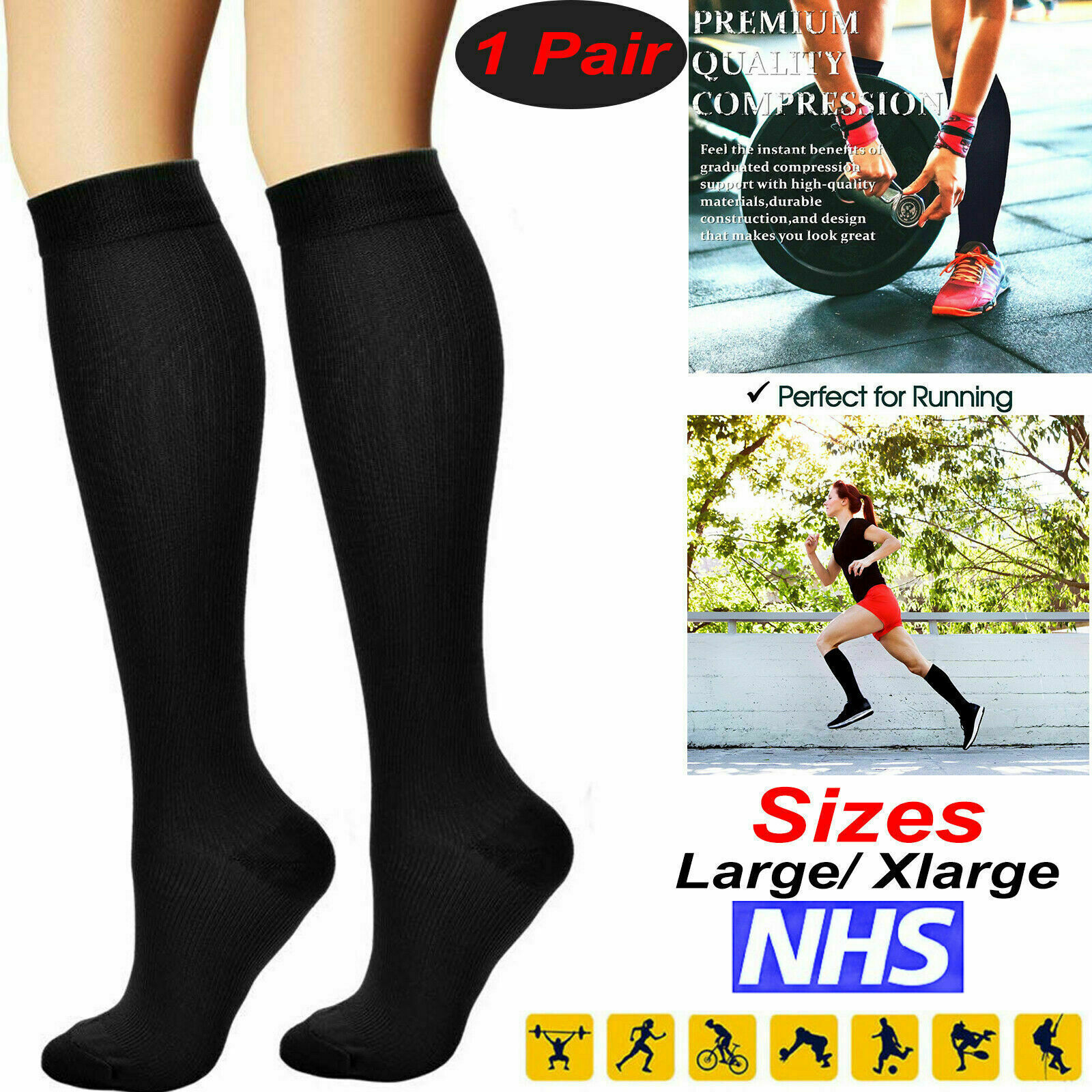 Black Large - Extra Large Unisex Miracle Flight Travel Compression Socks Anti Swelling Fatigue DVT Support