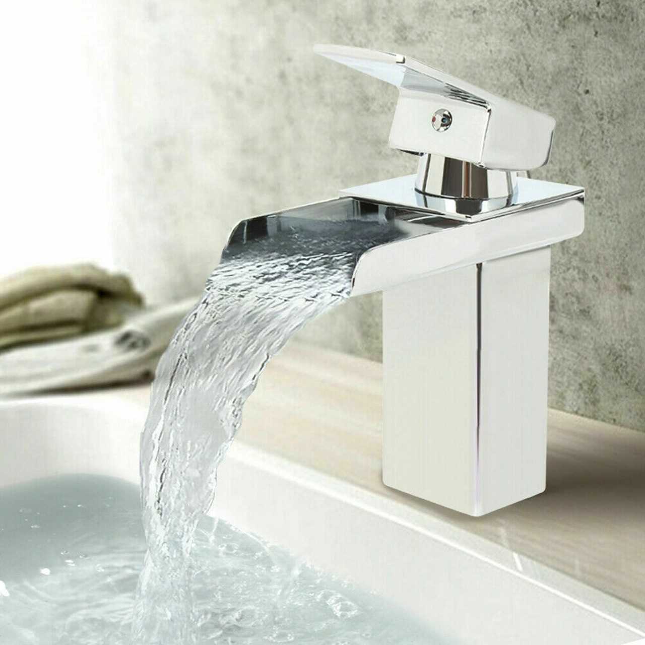 Silver Square Waterfall Bathroom Tap Basin Sink Mono Mixer Chrome Cloakroom With Free Waste