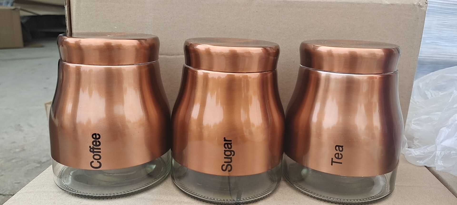 Set Of 3 Bronze Storage Canisters Tea Coffee Sugar Jars Pots Food Containers