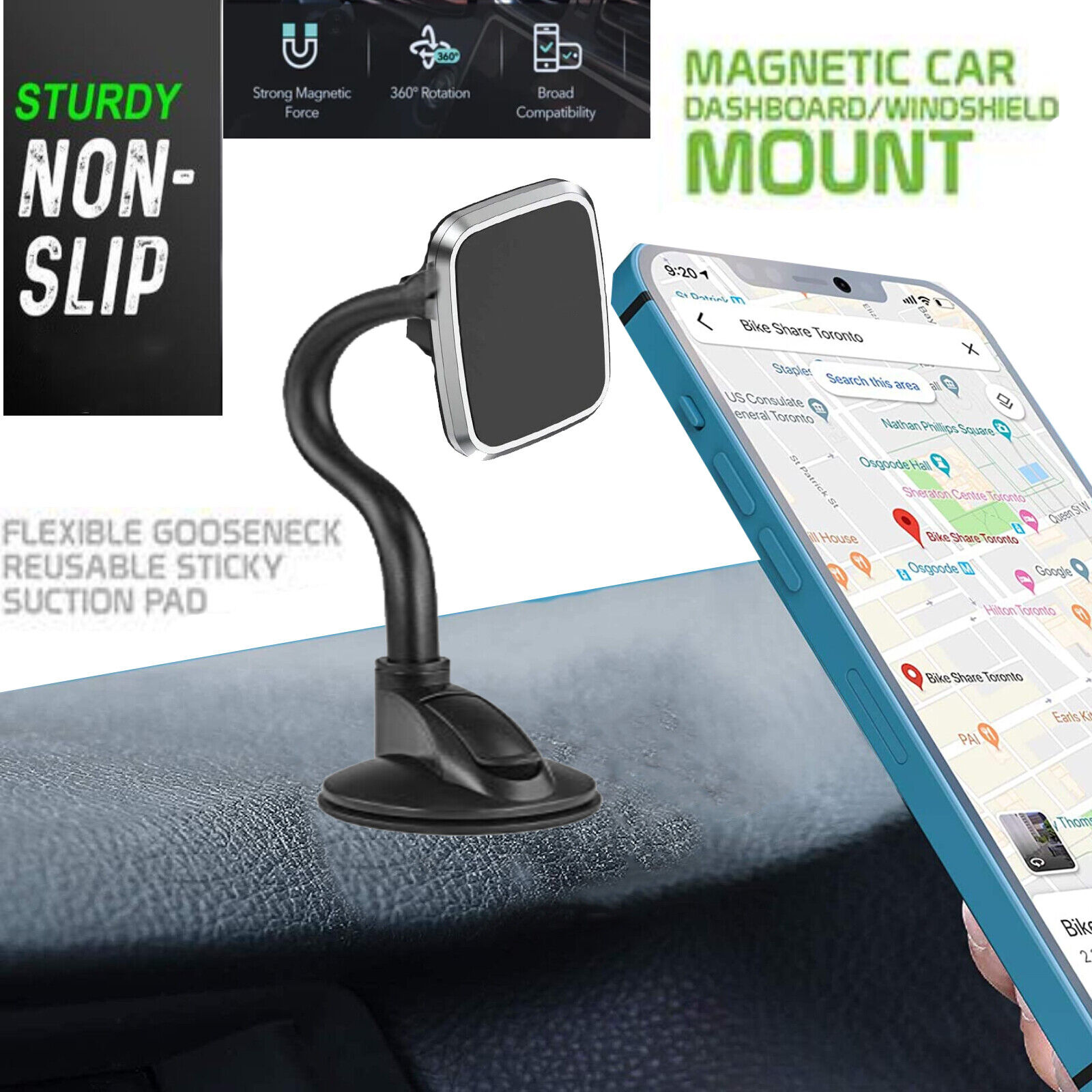 Black Universal 360 Magnetic Phone Holder Car Windscreen Dashboard Rotating Mount